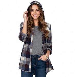 Rustic Outfitters Women's Plaid Lace Hooded Button Shirt Medium Capsule Cotton